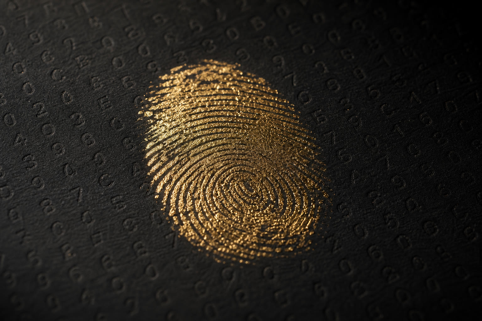 A fingerprint pressed in gold foil on black archival paper
